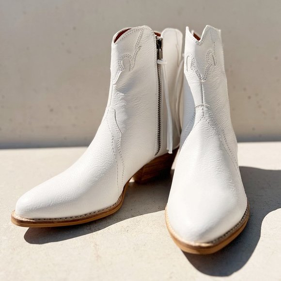 NEW Pointy Toe Stack Block Heel Zip Up Western Ankle Booties Boots Off White - Picture 14 of 16